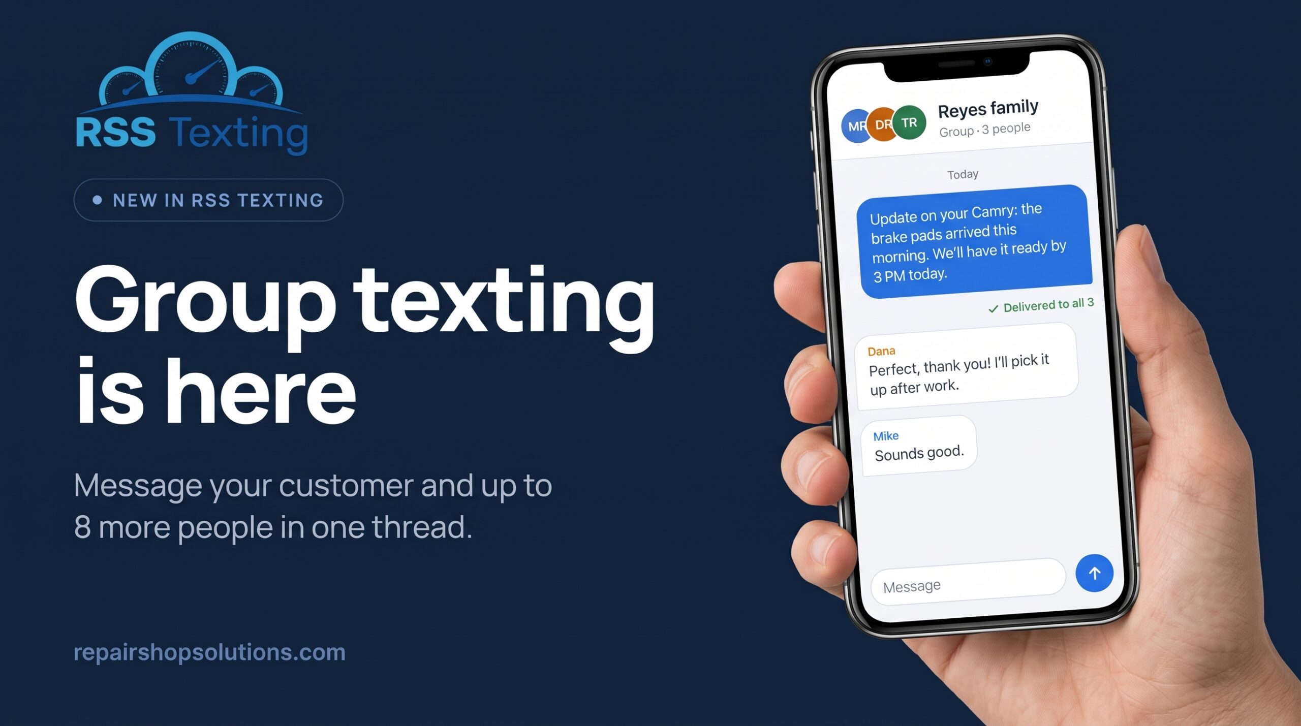 RSS Texting group message to three customers showing delivery status