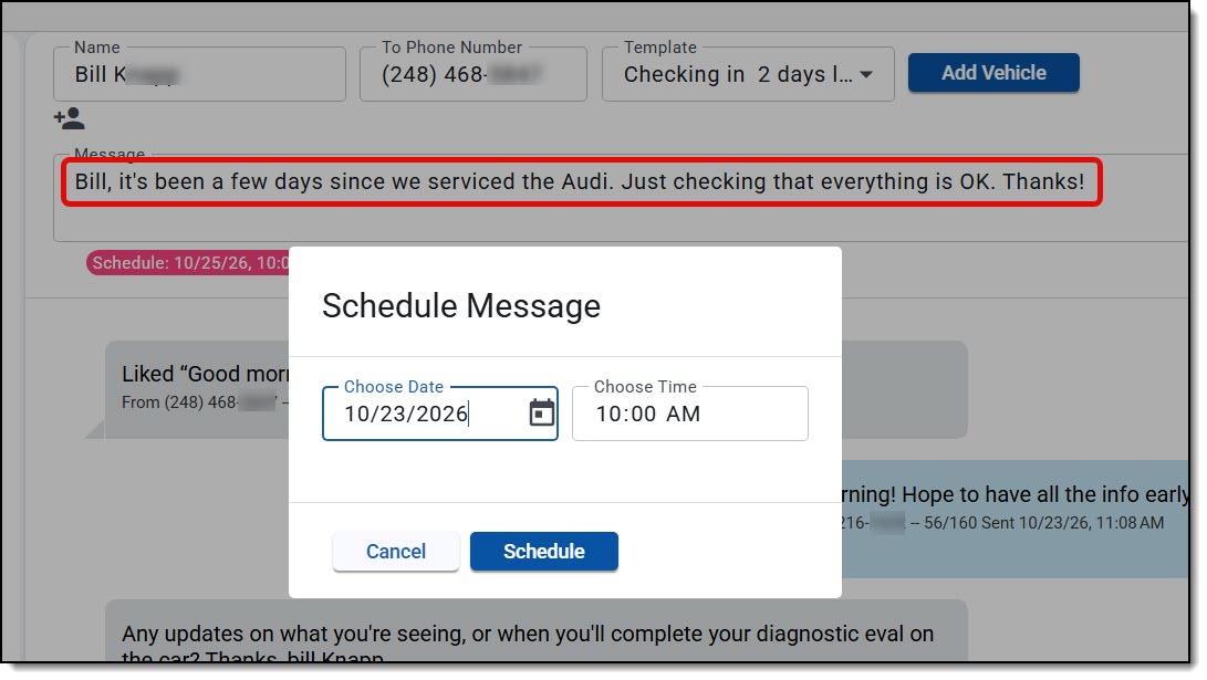 RSS Texting Schedule Message dialog showing a follow-up text to a customer being scheduled for a specific date and time