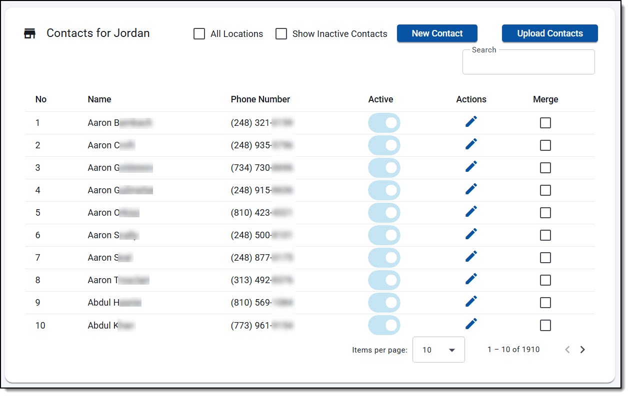 RSS Texting Contacts screen showing a searchable list of 1,910 customer contacts with name, phone number, active toggle, edit, and merge options