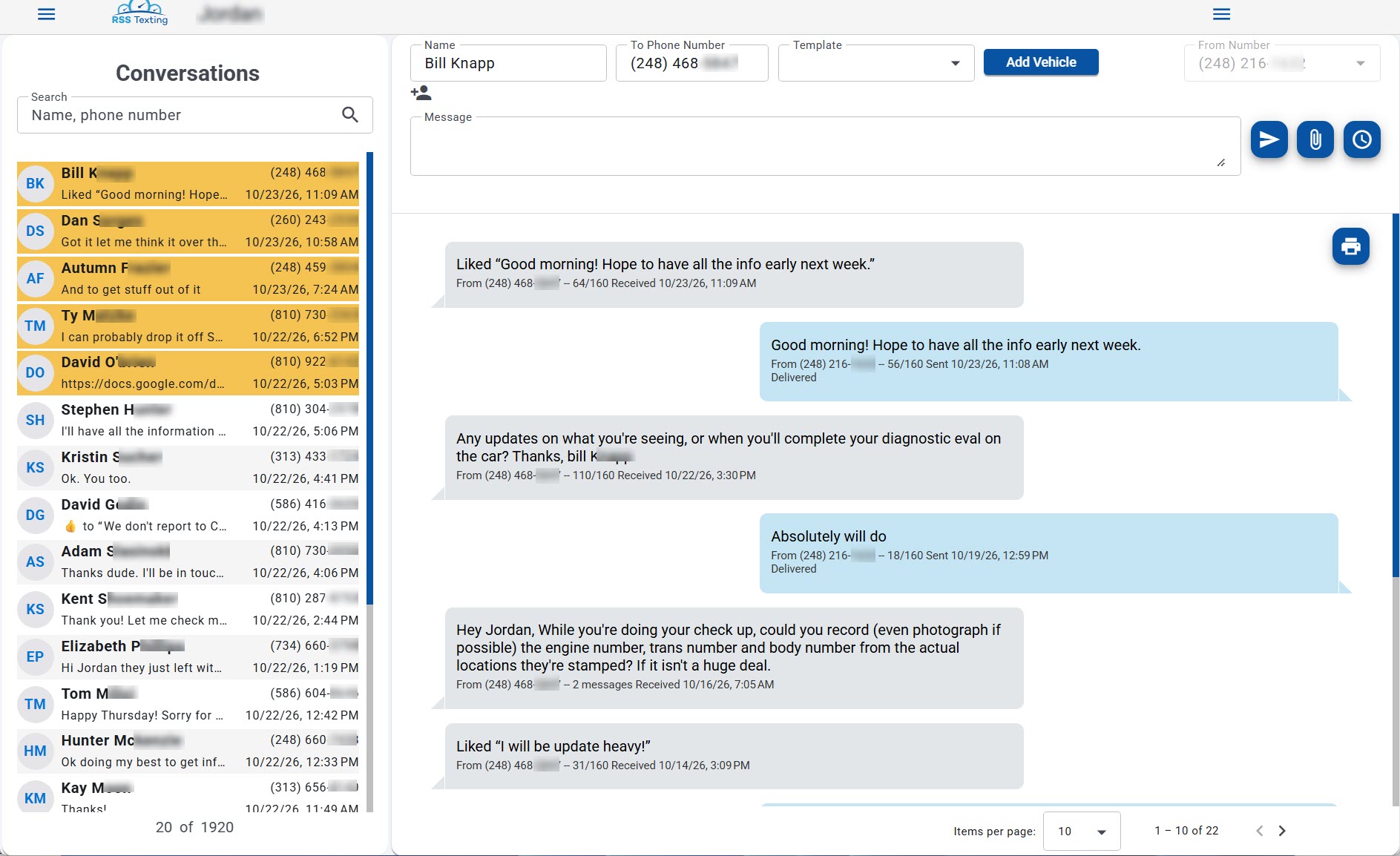 RSS Texting home screen showing a conversation list with 1,920 contacts on the left and an open two-way text thread with a customer on the right, including message history, reply box, and vehicle lookup